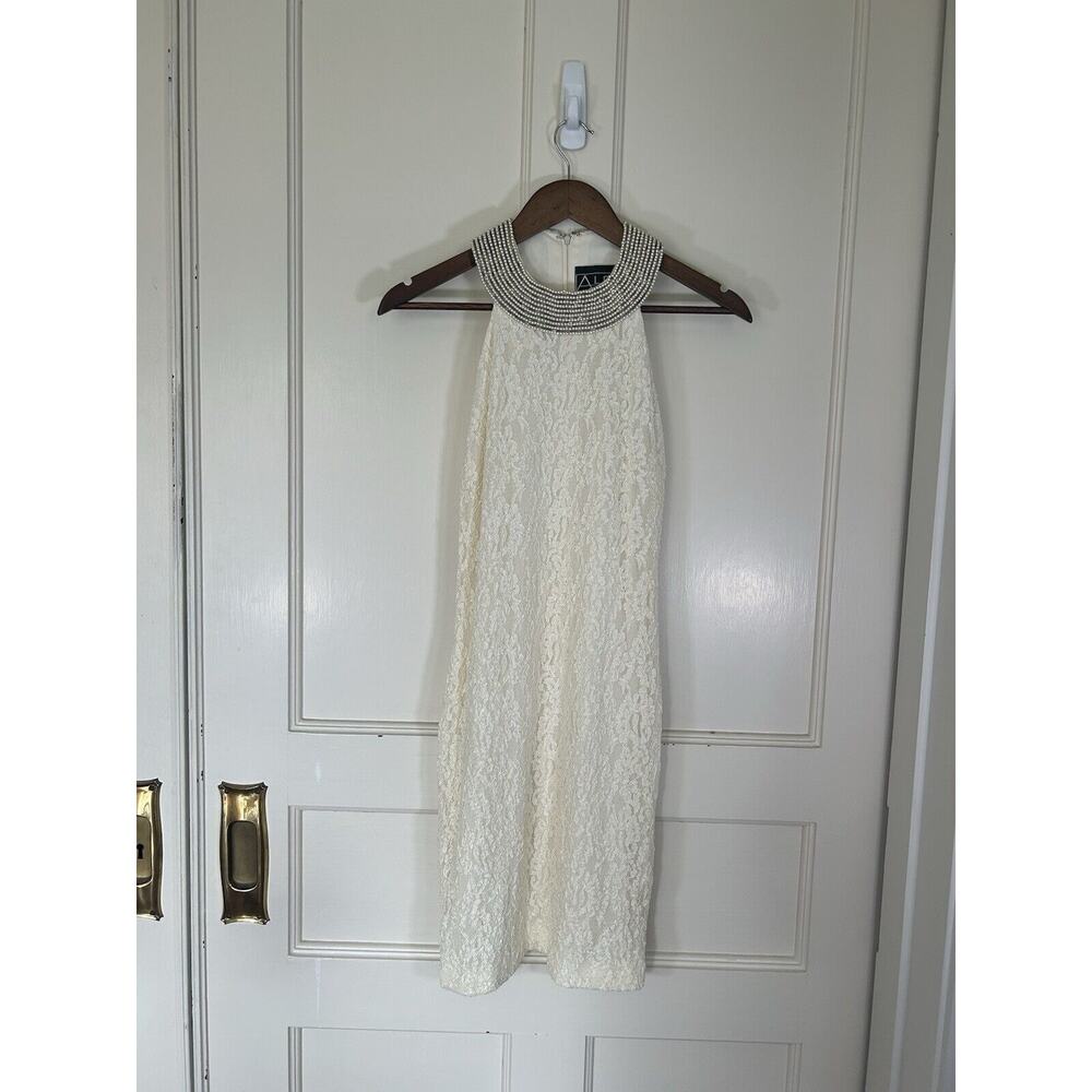 Vintage 90s Alex Evenings Pearl Halter Lace Bodycon Dress Womens Size 4 Ivory